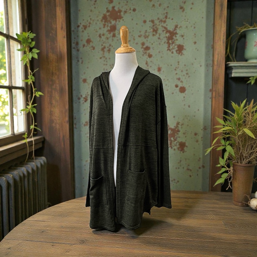 MUDD OPEN FRONT LONG SLEEVE KNIT CARDIGAN HOODIE DARK GREEN BLACK SIZE M